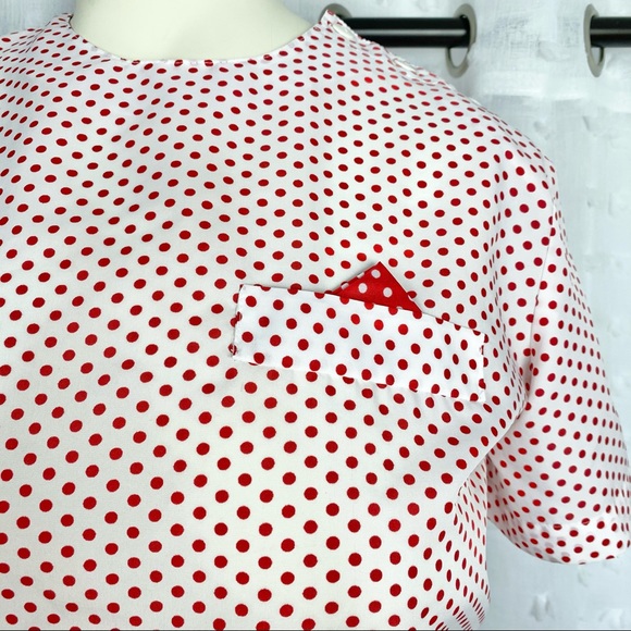 Vintage 80s white & red polka dot top L/XL - Picture 4 of 9